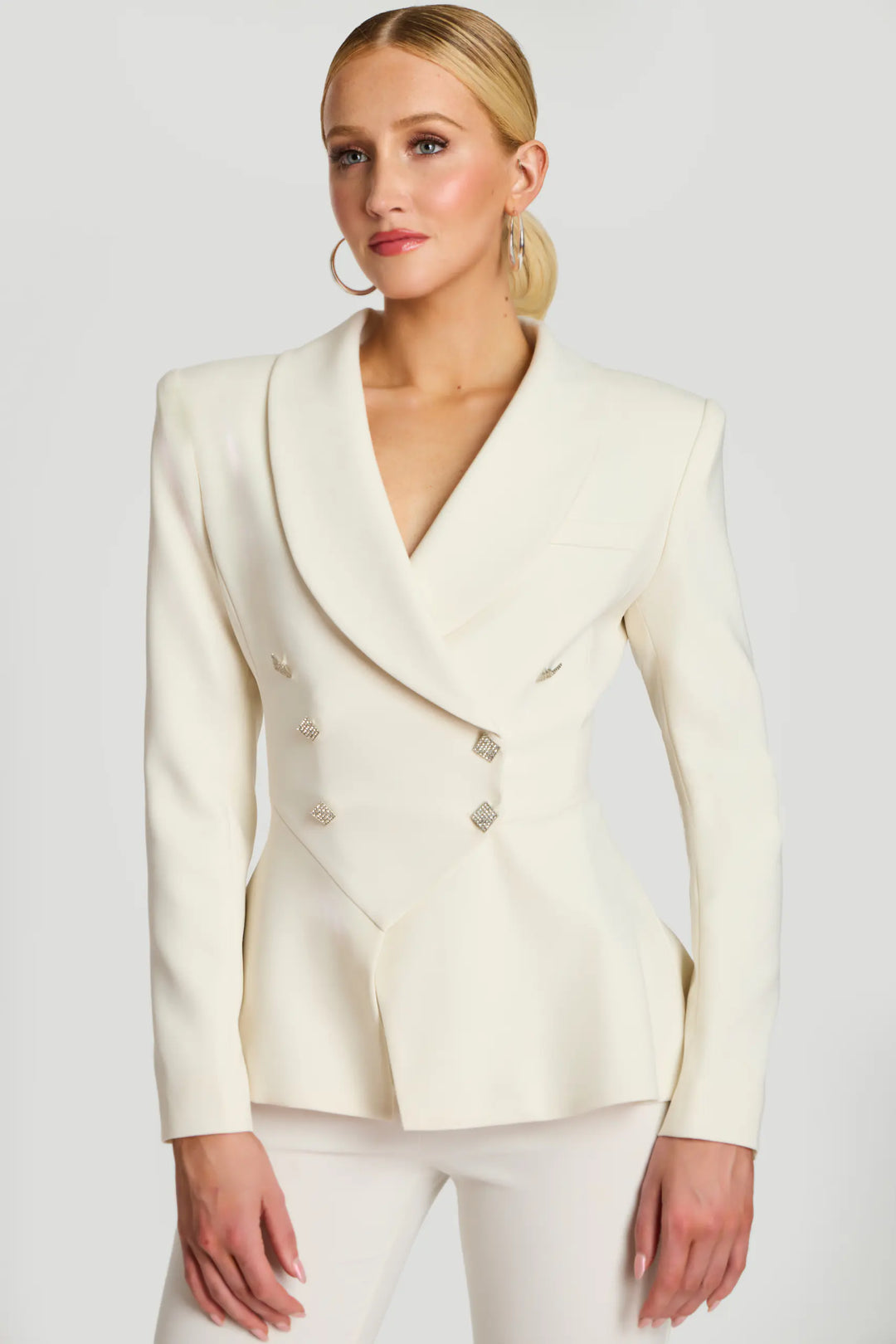 Jovani 46454 shawl lapel peplum fitted blazer front view