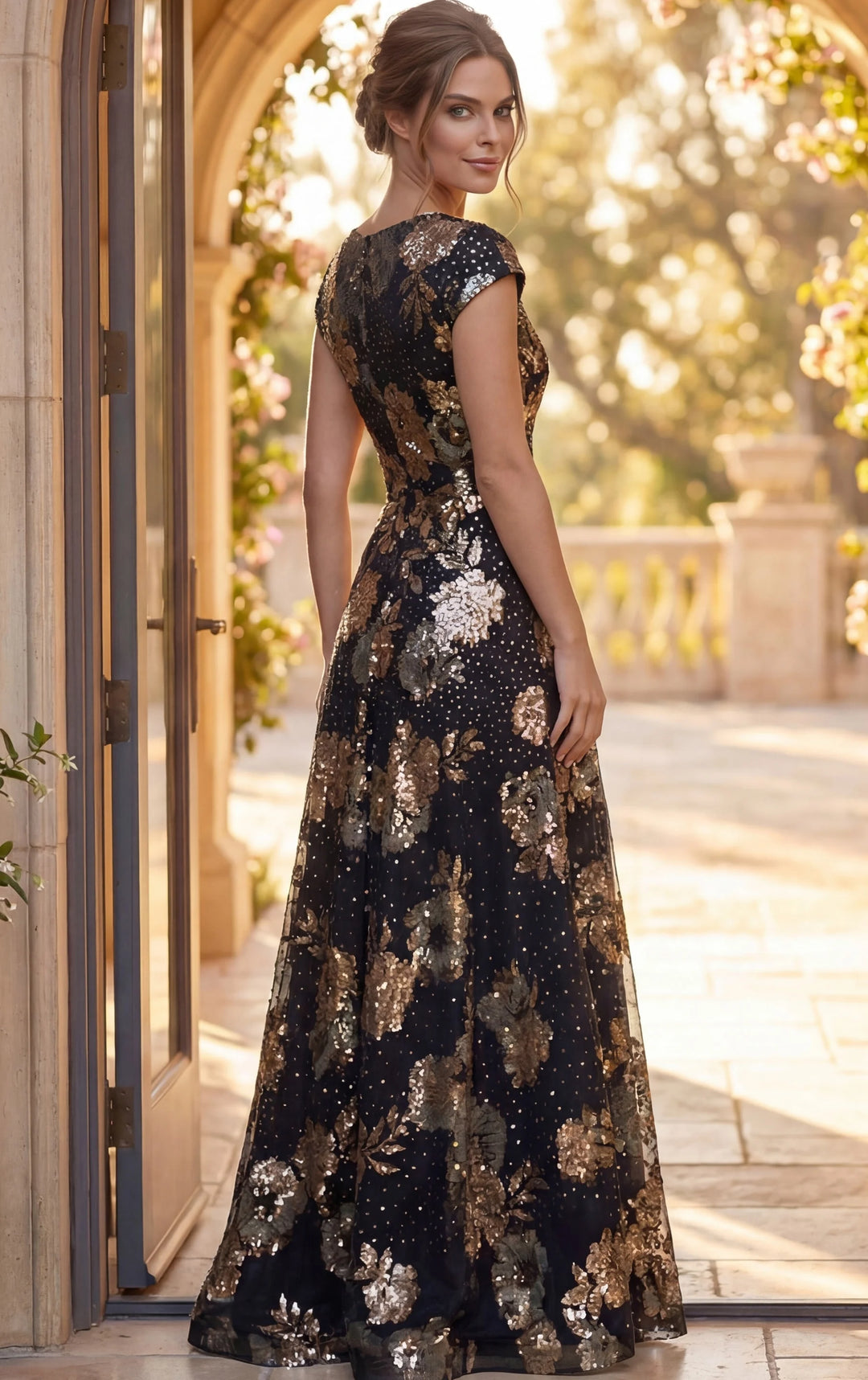 Jovani 46493 Floral Sequin Cap Sleeve A Line Gown - FOSTANI.com