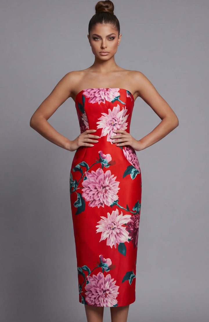 Jovani 46564 strapless floral print fitted midi dress front view