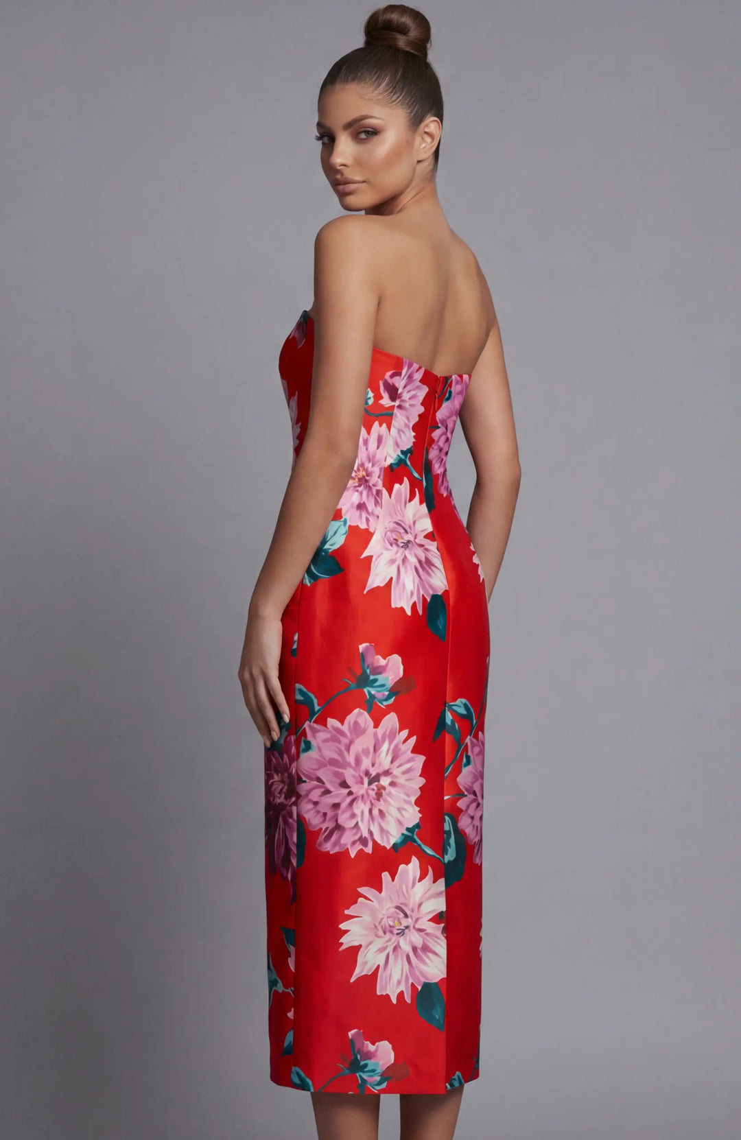 Jovani 46564 strapless floral print fitted midi dress view 2