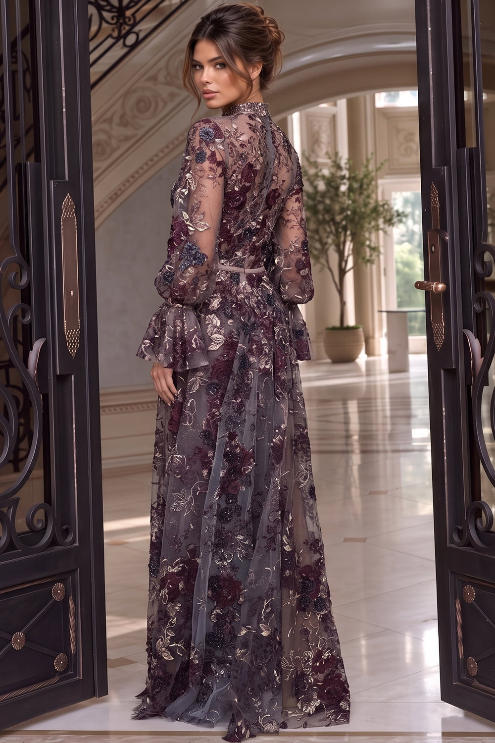 Jovani 47220 floral embroidered tulle A-line evening gown back view