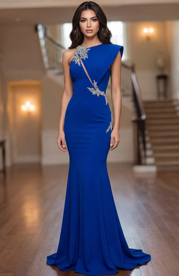 Jovani 47802 fitted mermaid gown with structured shoulder, full-length front view