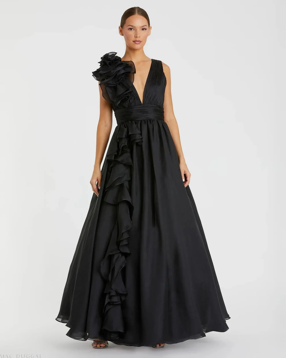 Mac Duggal 9948856P Petite Pink Ruffle Shoulder V-Neck Chiffon Gown