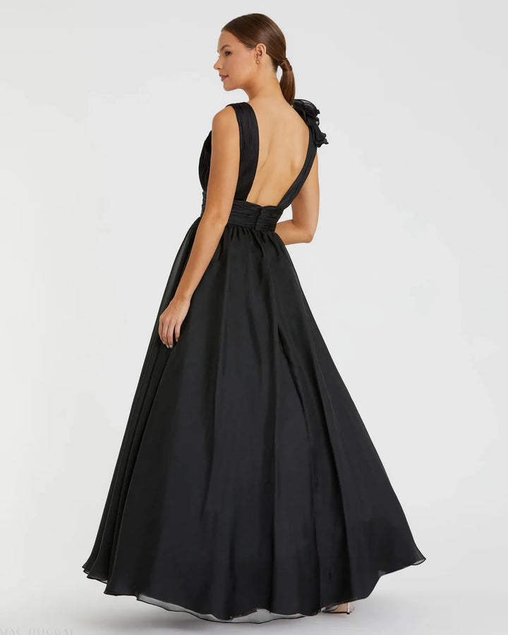 Mac Duggal 9948856P Petite Pink Ruffle Shoulder V-Neck Chiffon Gown