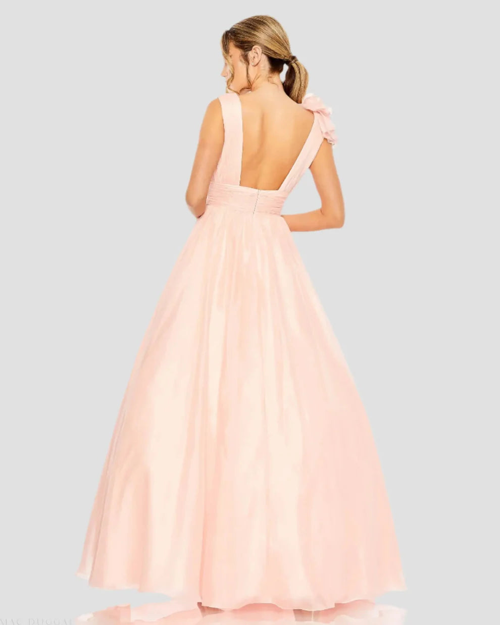 Mac Duggal 9948856P Petite Pink Ruffle Shoulder V-Neck Chiffon Gown
