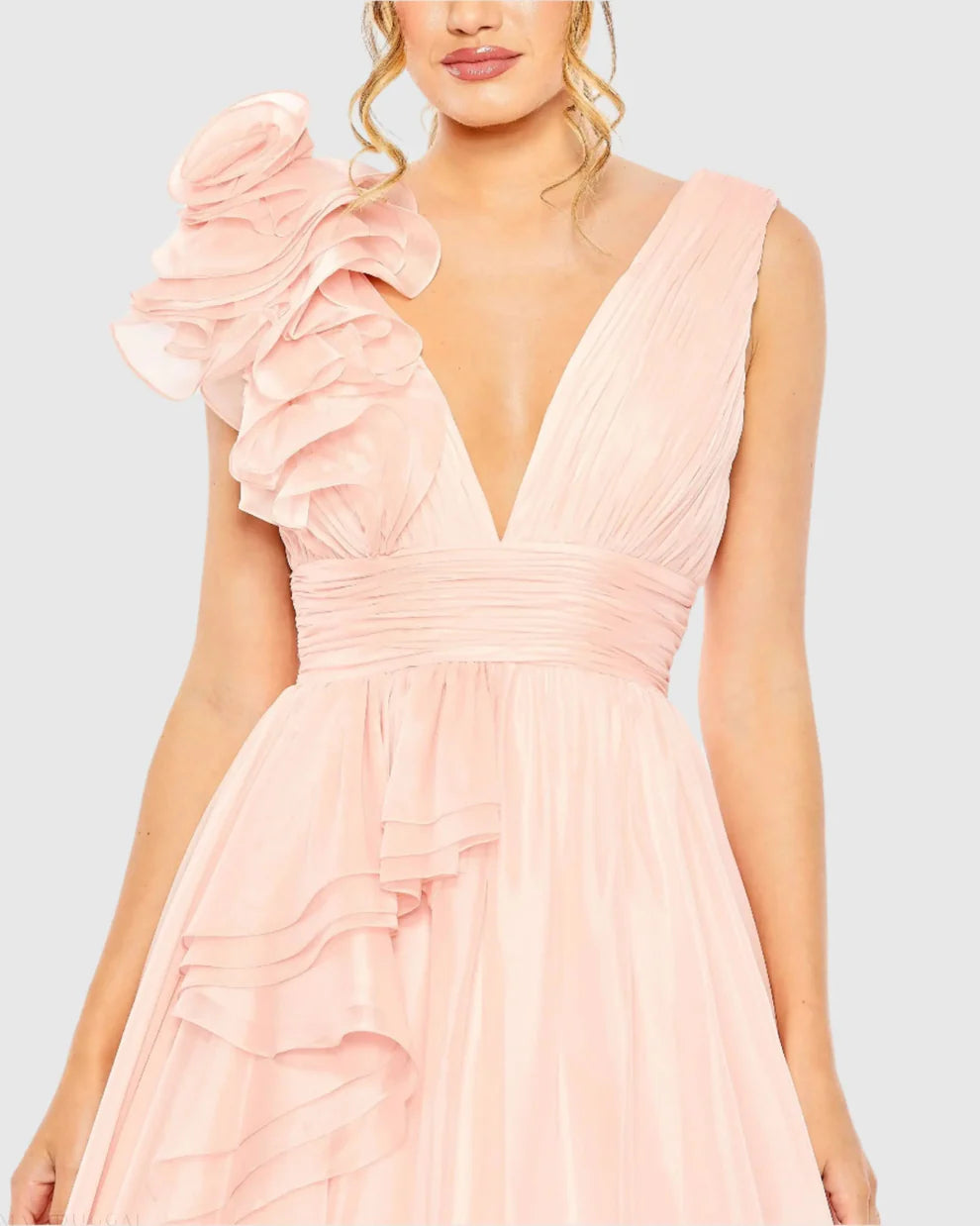 Mac Duggal 9948856P Petite Pink Ruffle Shoulder V-Neck Chiffon Gown