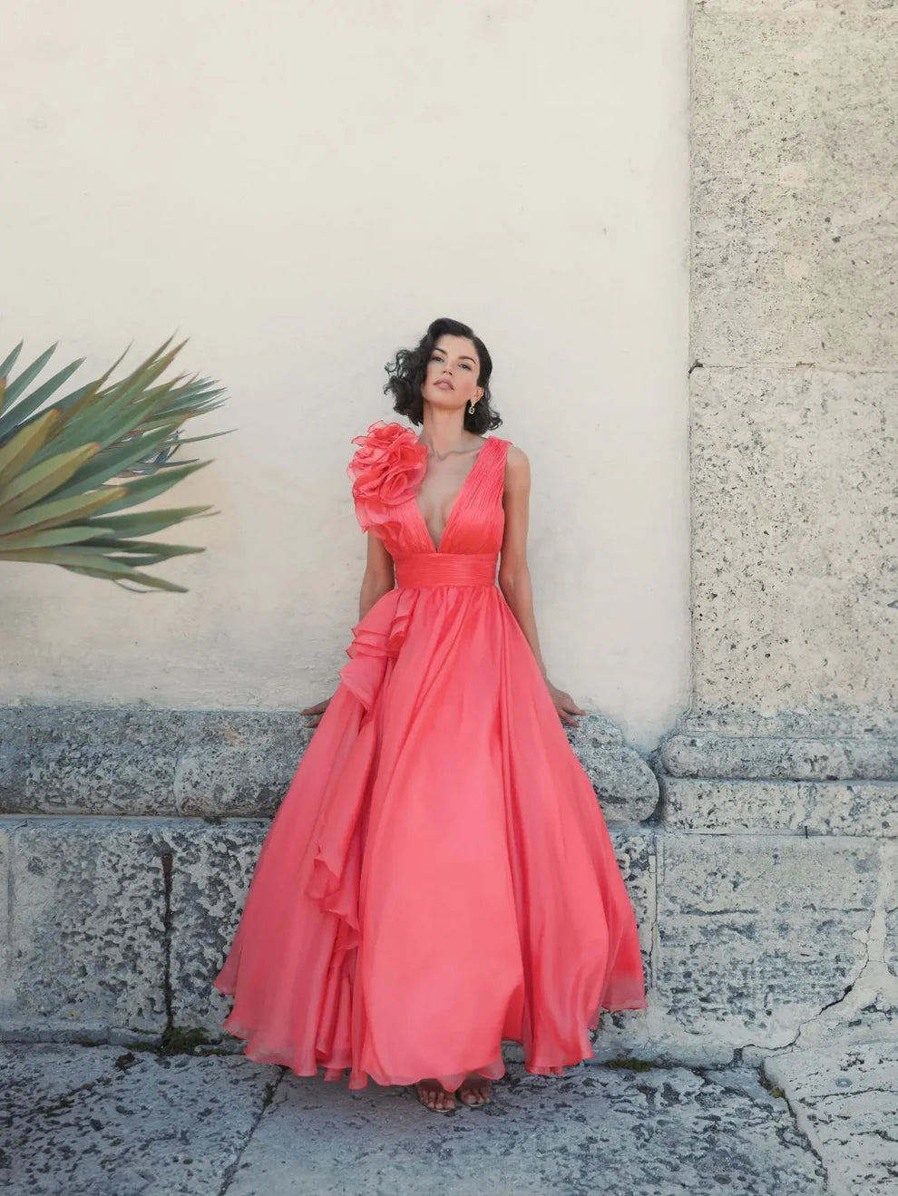 Mac Duggal 9948856P Petite Pink Ruffle Shoulder V-Neck Chiffon Gown