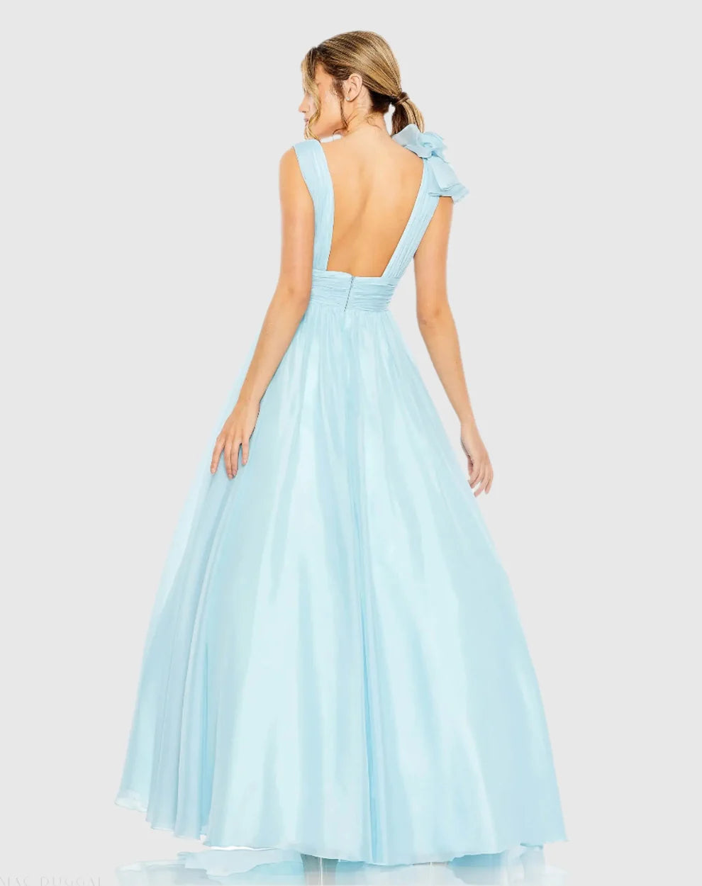 Mac Duggal 9948856P Petite Pink Ruffle Shoulder V-Neck Chiffon Gown