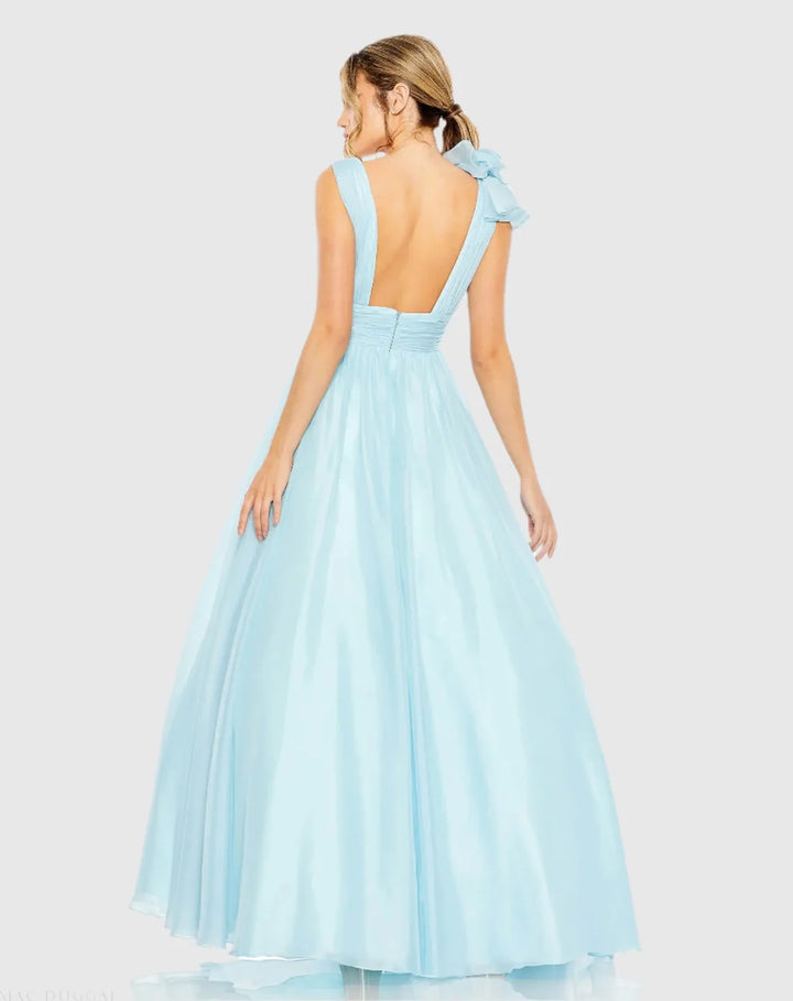 Mac Duggal 9948856P Petite Pink Ruffle Shoulder V-Neck Chiffon Gown