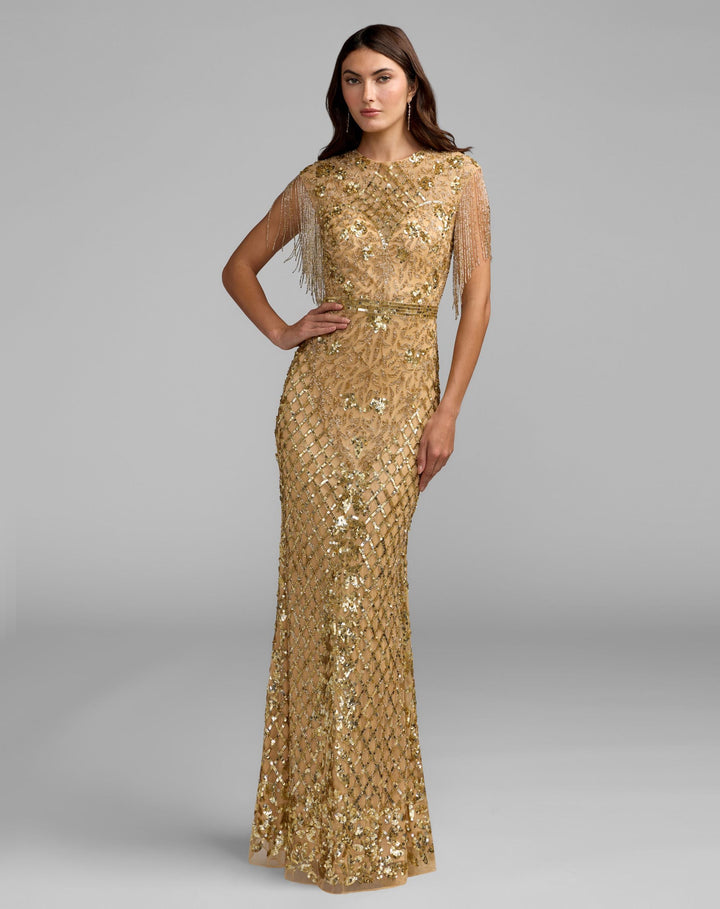 Mac Duggal 4908 High Neck Beaded Fringe Fitted Gown