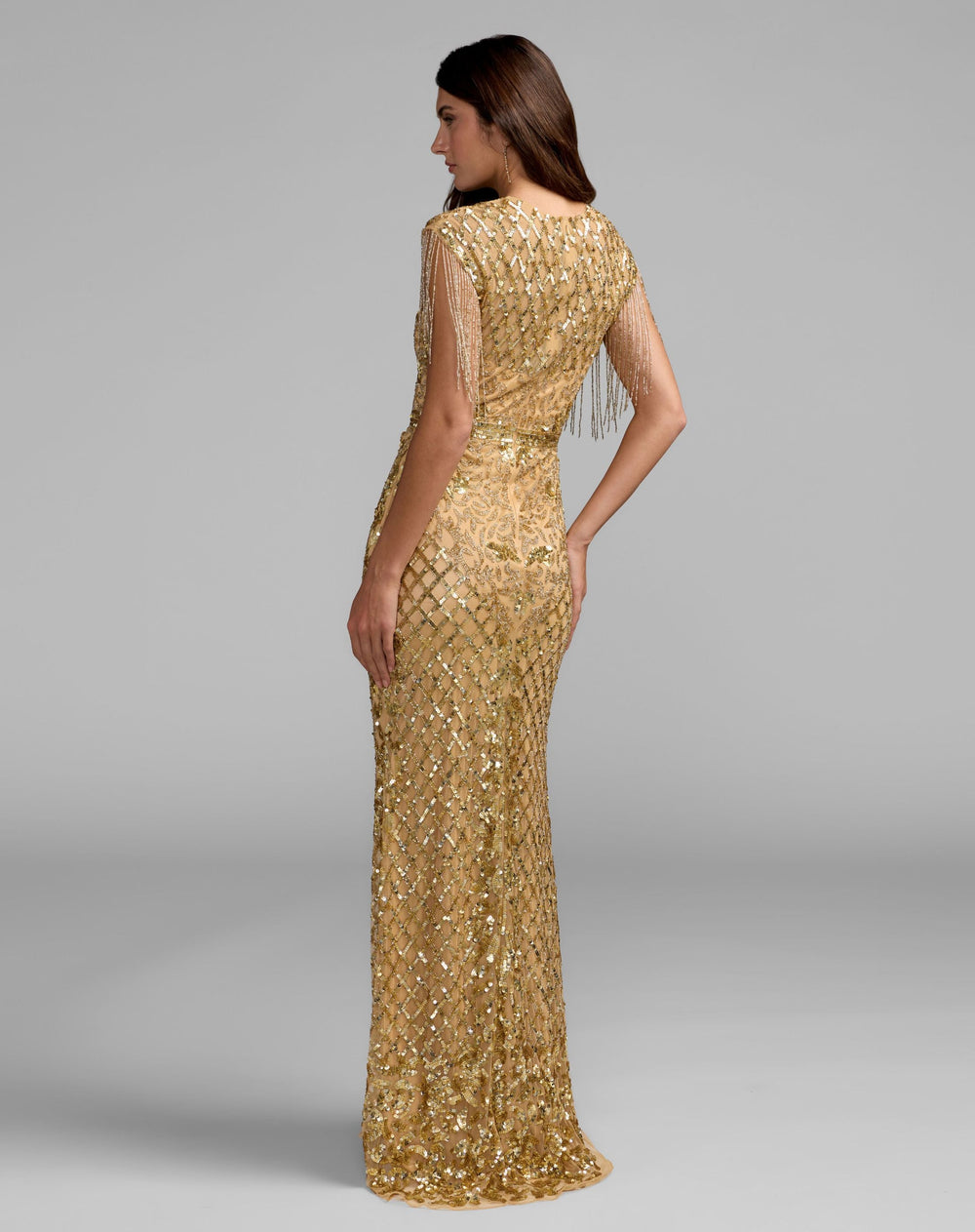 Mac Duggal 4908 High Neck Beaded Fringe Fitted Gown