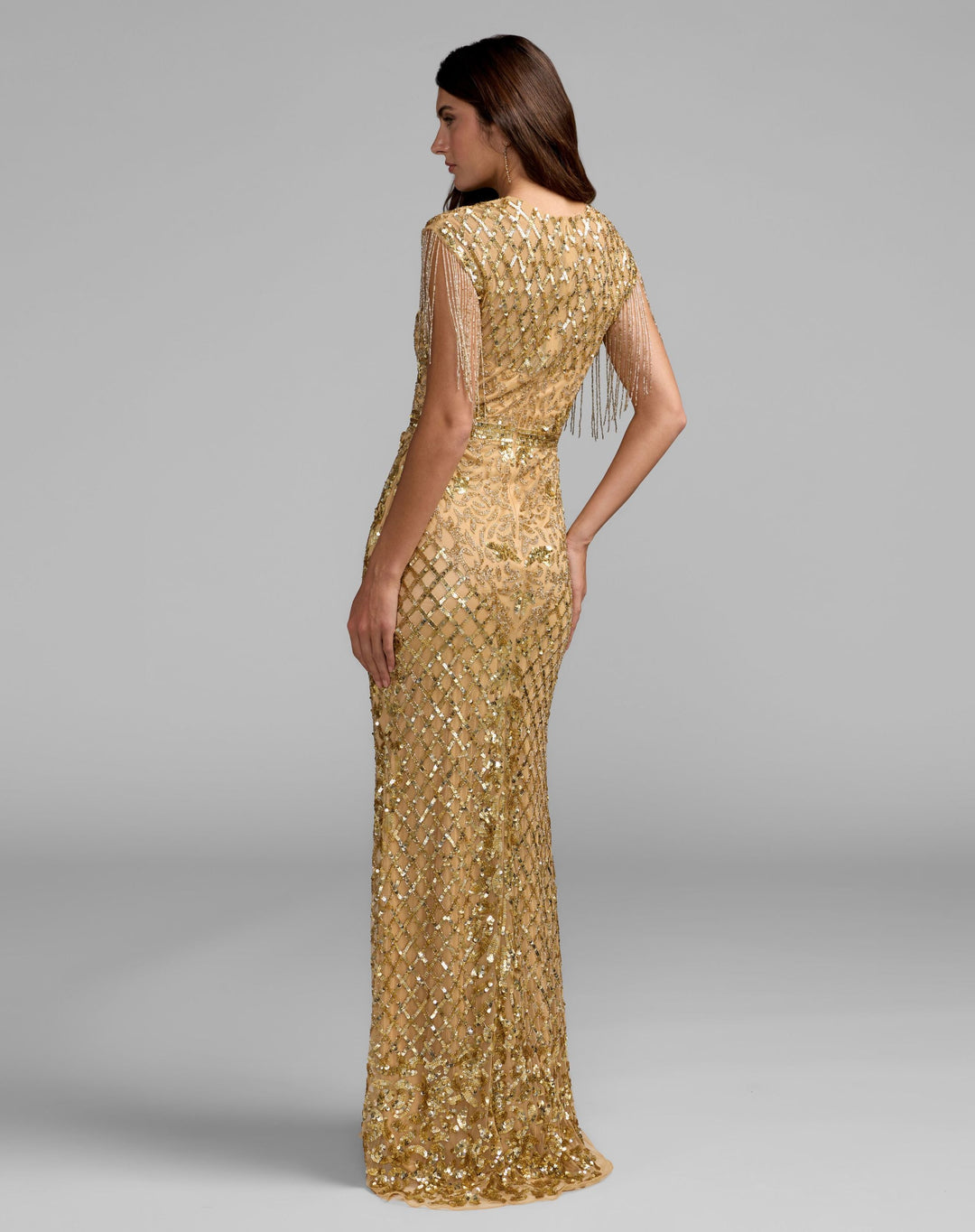 Mac Duggal 4908 High Neck Beaded Fringe Fitted Gown