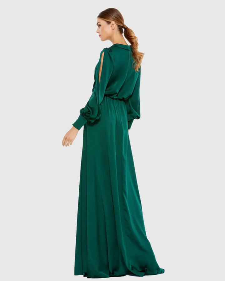 Mac Duggal 49146 Bishop Sleeve Faux Wrap Gown