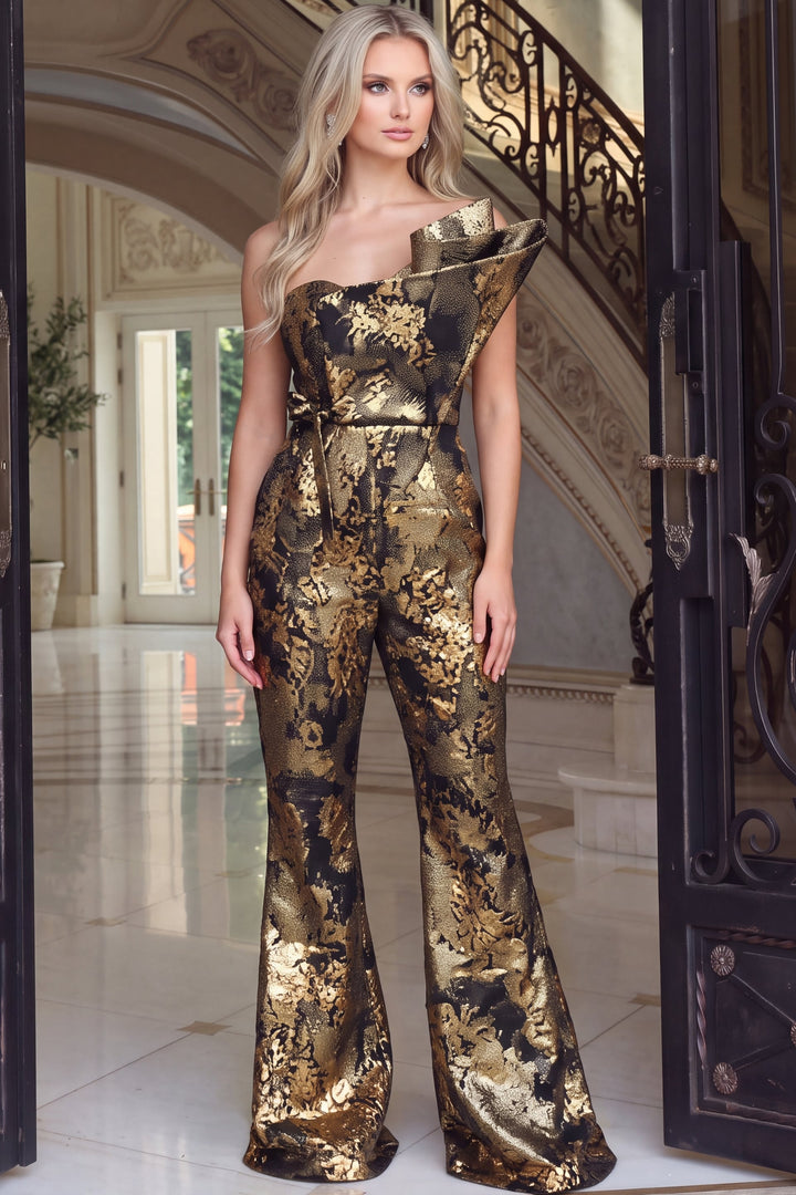 Jovani 49313 One Shoulder Wide Leg Jumpsuit with Belt front view