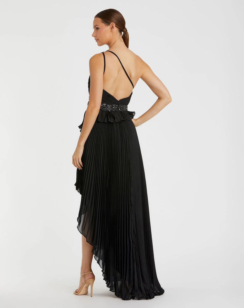 Mac Duggal 49532 Pleated One Shoulder Asymmetrical Ruffle Hem Gown