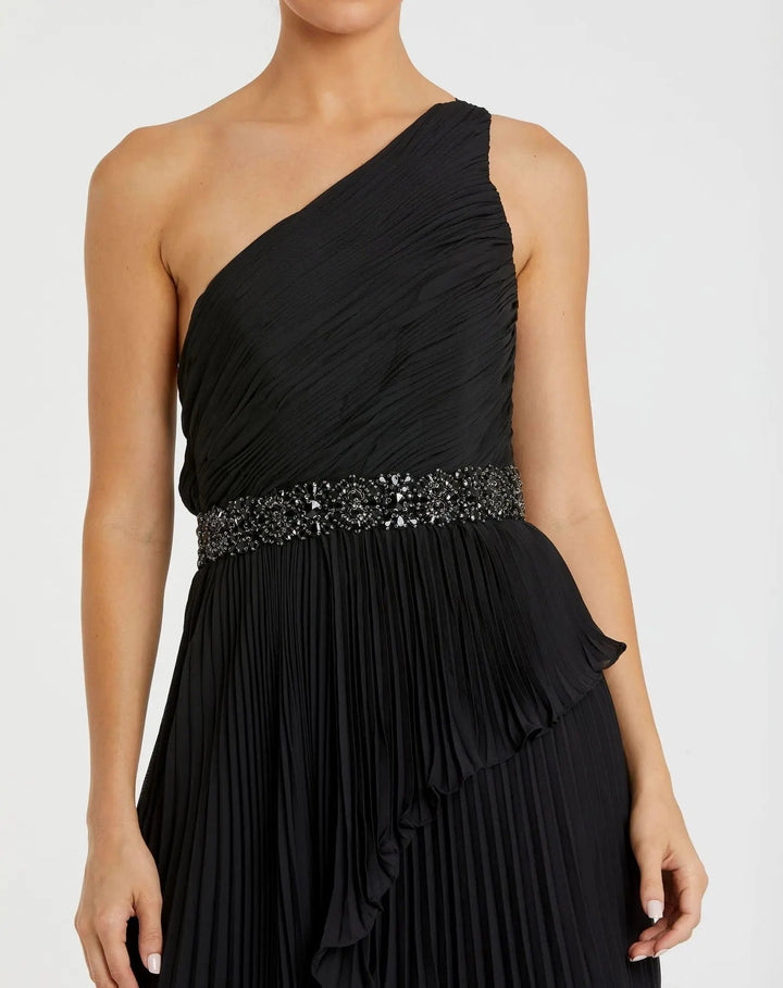 Mac Duggal 49532 Pleated One Shoulder Asymmetrical Ruffle Hem Gown