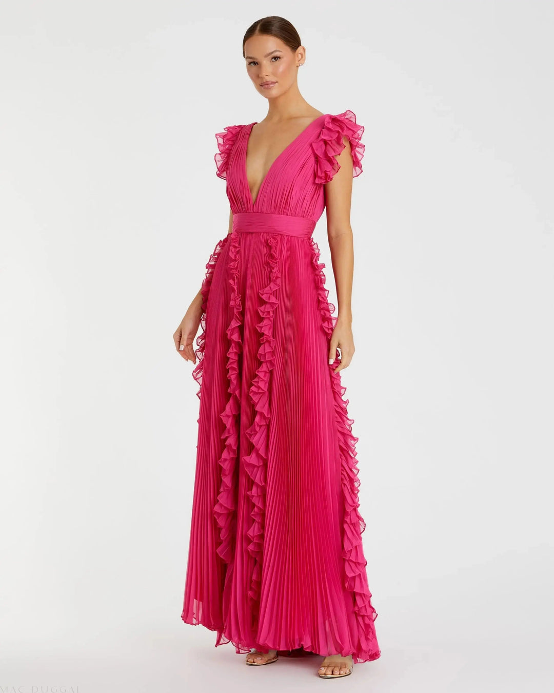 Mac Duggal 49539 Pleated Ruffle Cap Sleeve Flowy A Line Gown