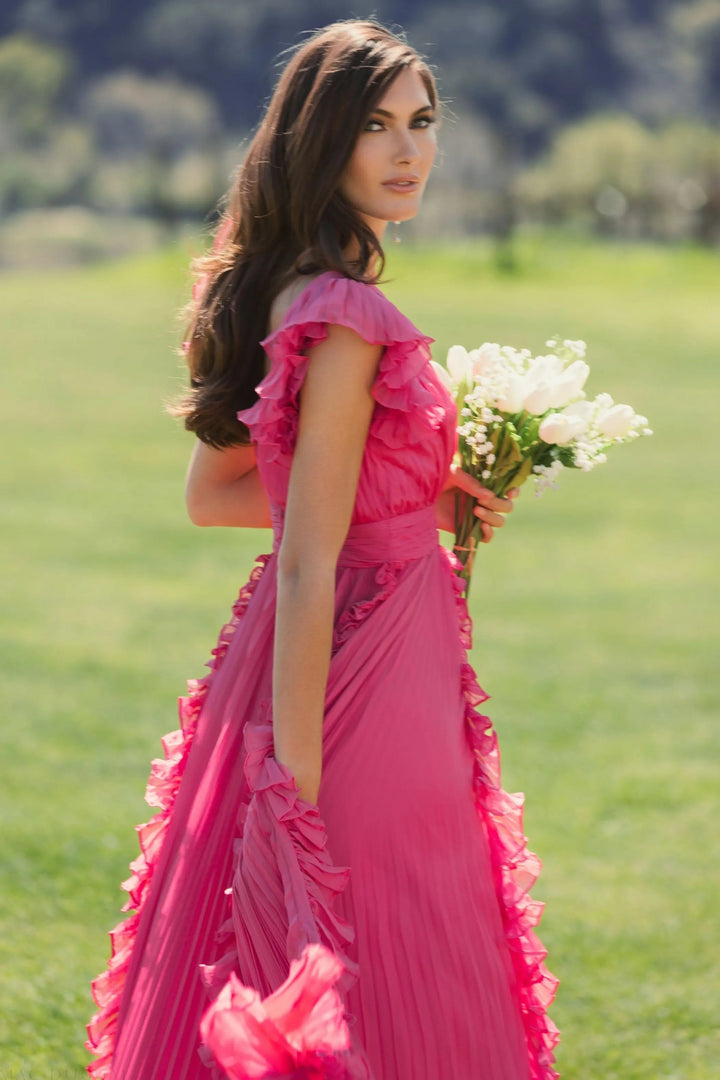 Mac Duggal 49539 Pleated Ruffle Cap Sleeve Flowy A Line Gown