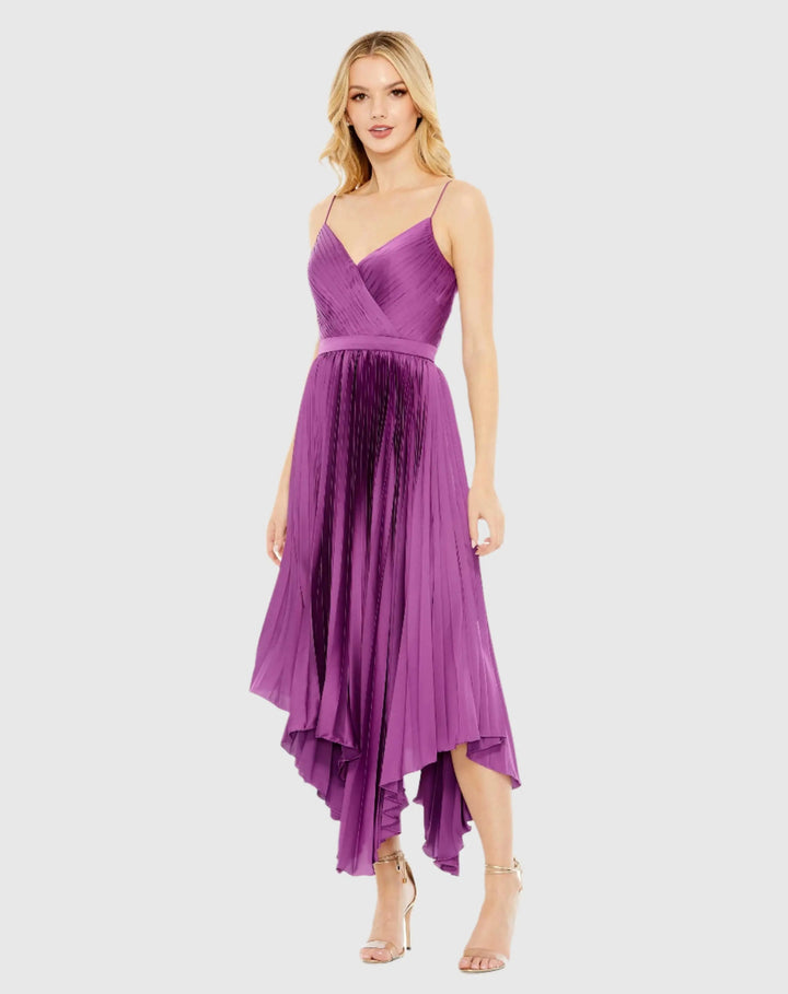 Mac Duggal 49637 Pleated Satin Flowy Midi Dress