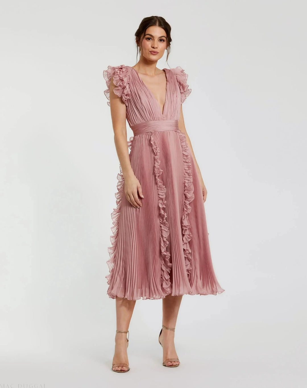 Mac Duggal 49675 Pleated Chiffon V Neck Ruffle Midi Dress