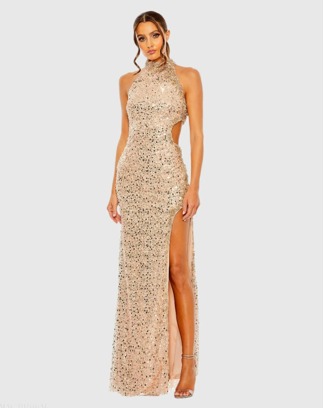 Mac Duggal 49679 Side Cut Out High Neck Sequin Gown