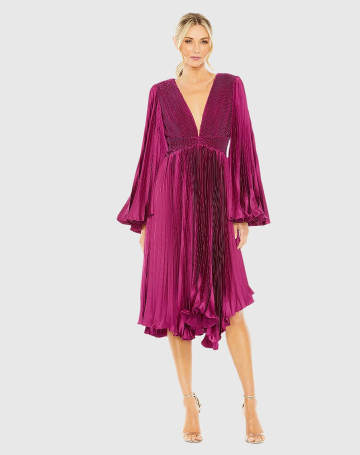 Mac Duggal 49717 Long Flare Sleeve Pleated Dress