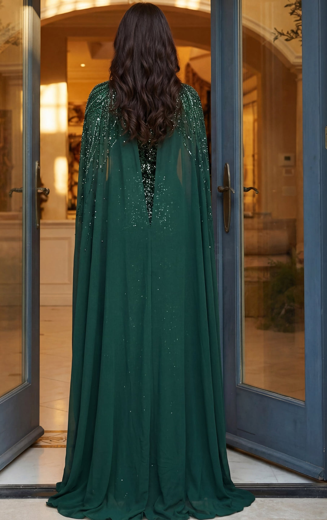 Jovani 49743 Beaded High Neck Cape A Line Chiffon Gown - FOSTANI.com