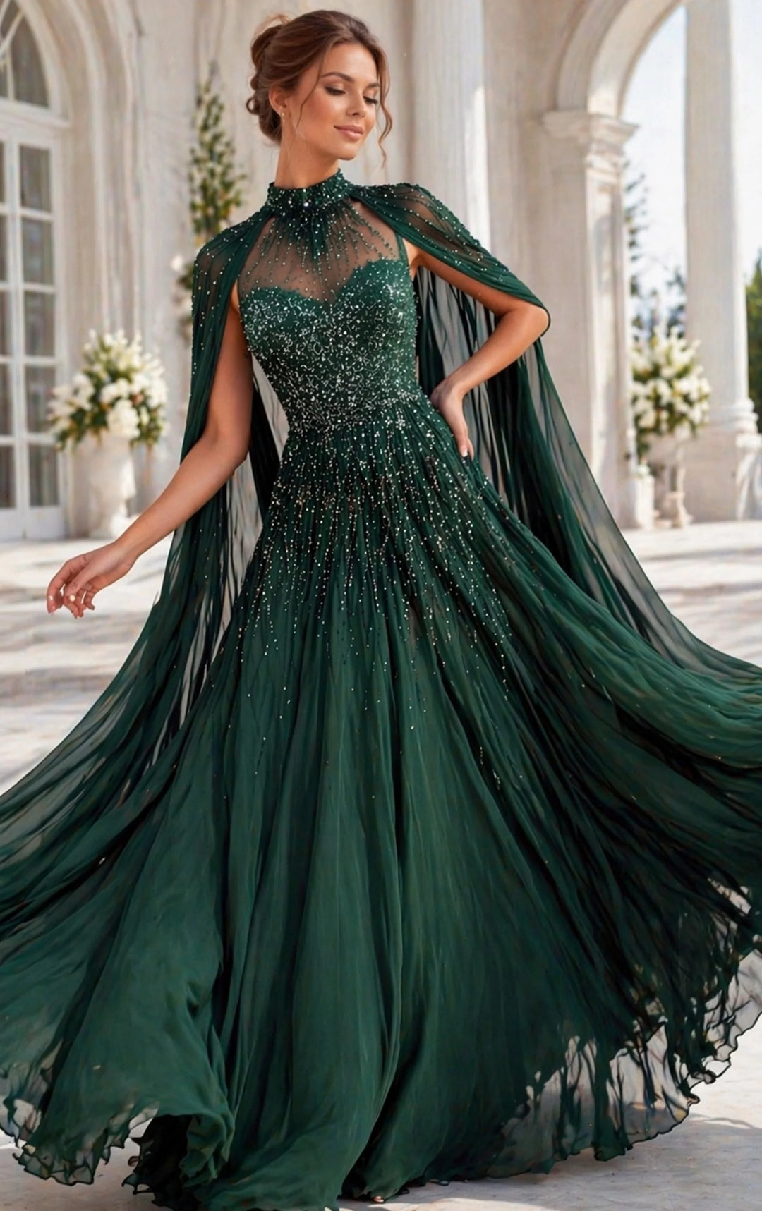 Jovani 49743 Beaded High Neck Cape A Line Chiffon Gown - FOSTANI.com