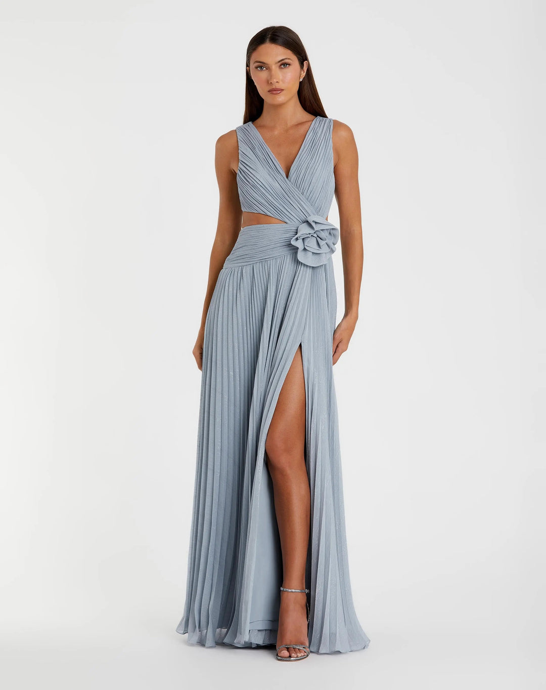 Blue Ruched Chiffon Sleeveless Gown With 3D Flower - FOSTANI.com