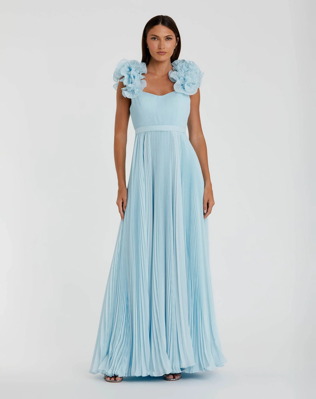 Mac Duggal 49979 Blue Pleated Organza Gown With Ruffle Straps
