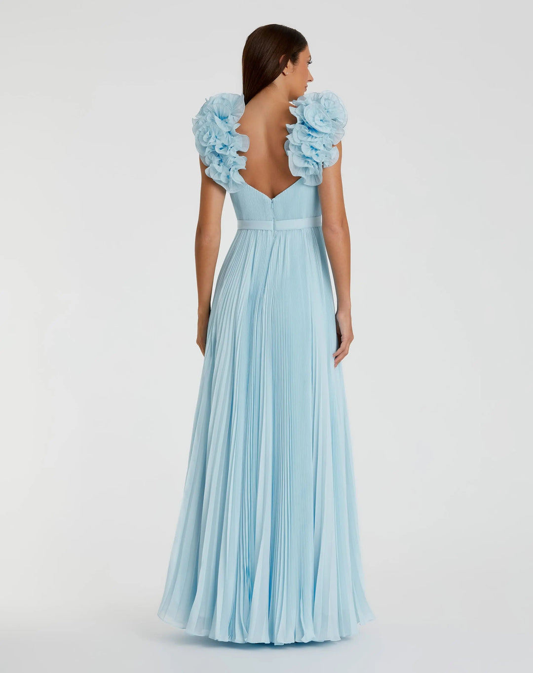 Mac Duggal 49979 Blue Pleated Organza Gown With Ruffle Straps