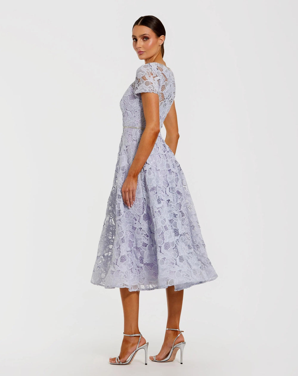 Purple Embellished Lace Short Sleeve Midi Dress - FOSTANI.com