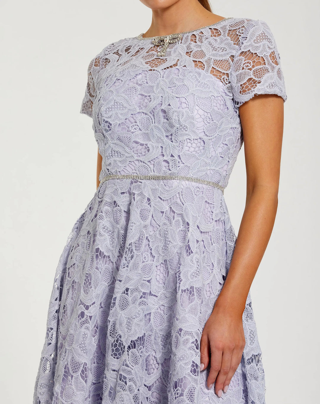 Purple Embellished Lace Short Sleeve Midi Dress - FOSTANI.com