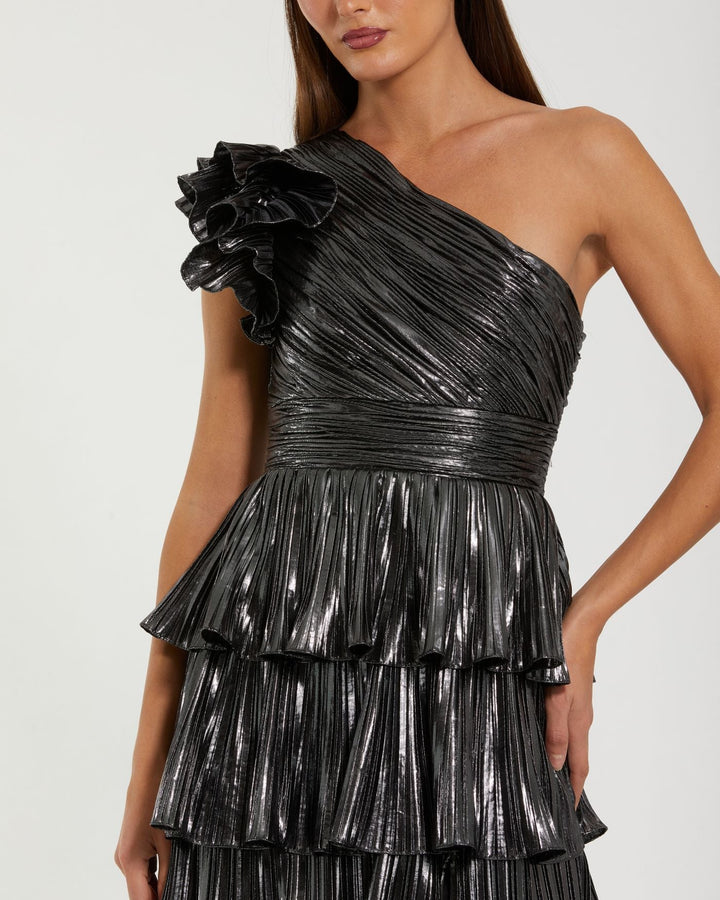 Mac Duggal 50080 Dark Gray Pleated Metallic Ruffled One Shoulder Gown
