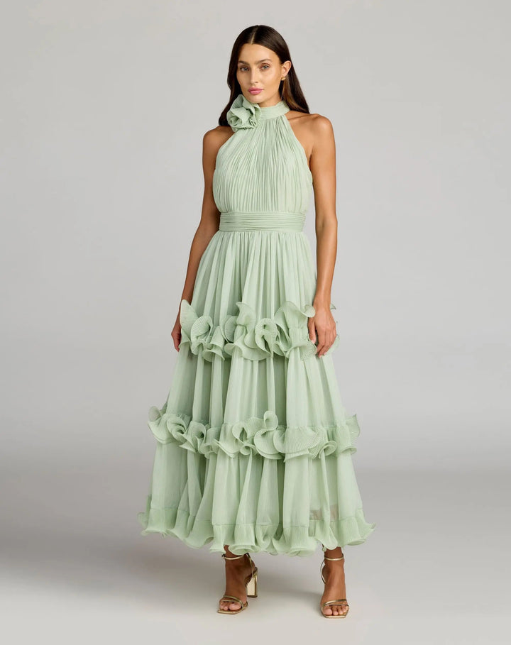 Mac Duggal 50145 Green Sleeveless Chiffon Halter Neck Ruffle Midi Dress