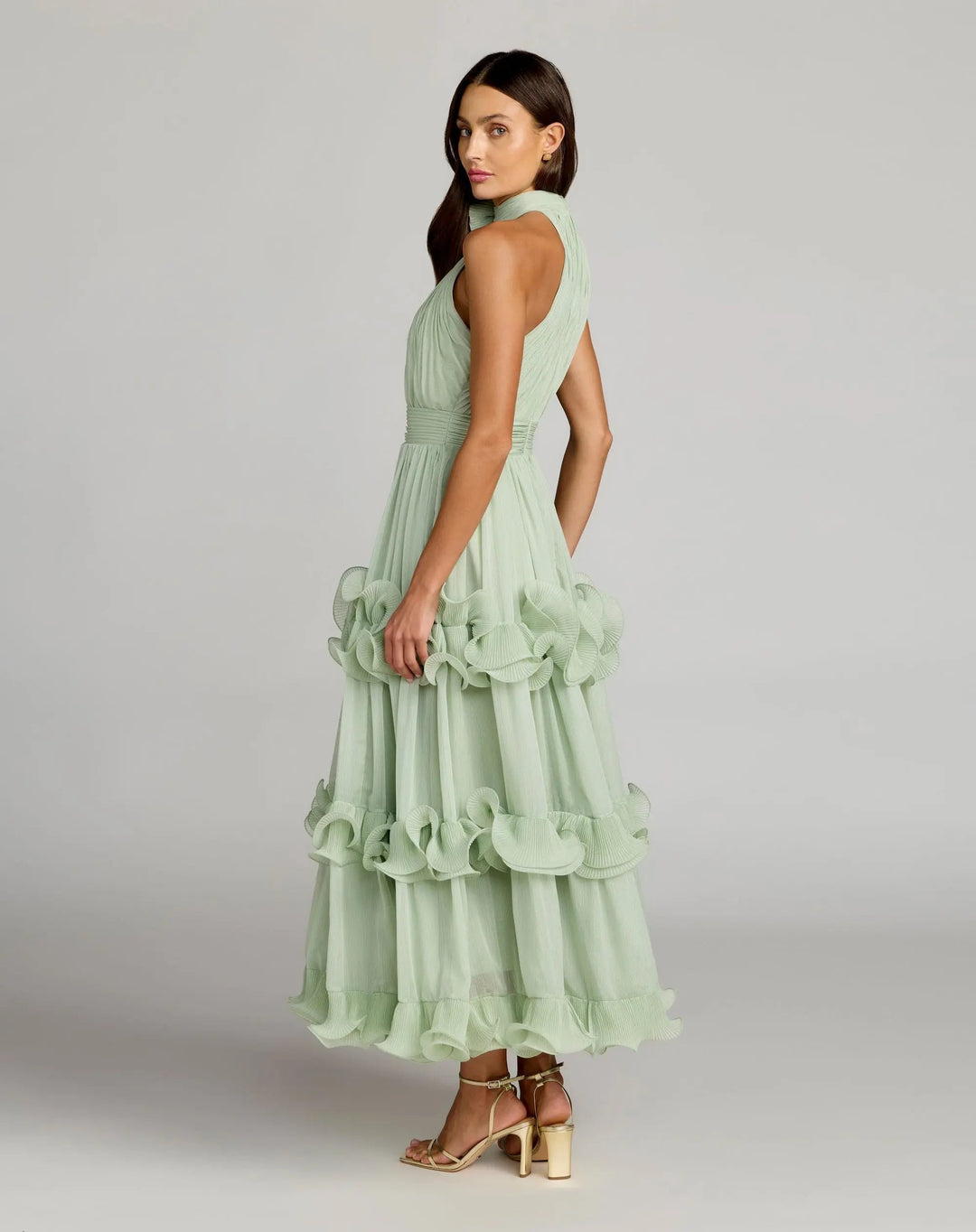 Mac Duggal 50145 Green Sleeveless Chiffon Halter Neck Ruffle Midi Dress