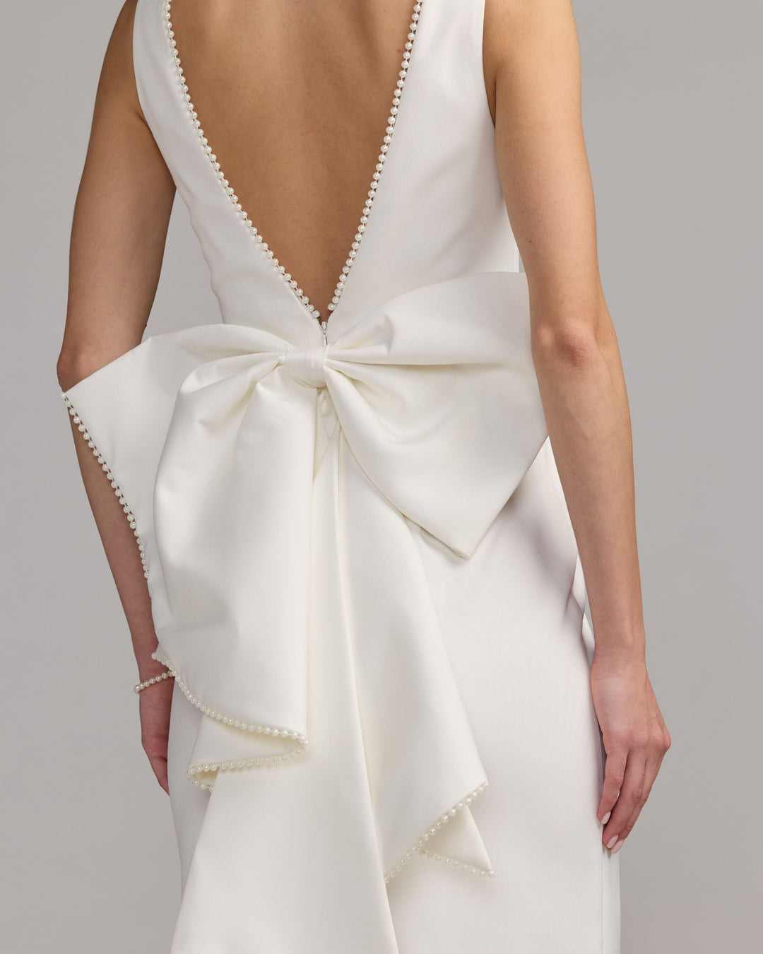 Mac Duggal 50169 Pearl Trim Bow Back Midi Dress