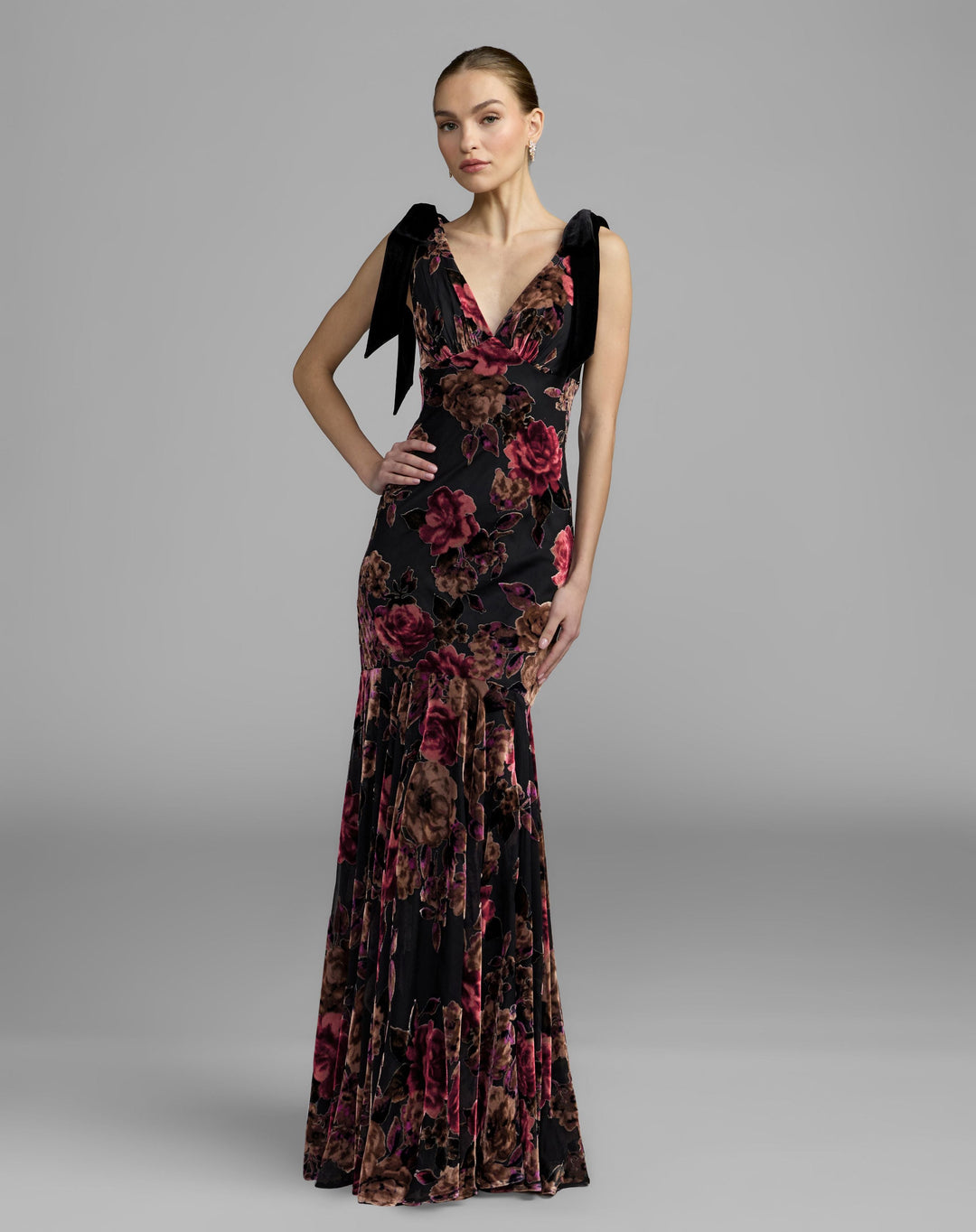 Mac Duggal 50175 Floral Velvet Mermaid Gown With Bows