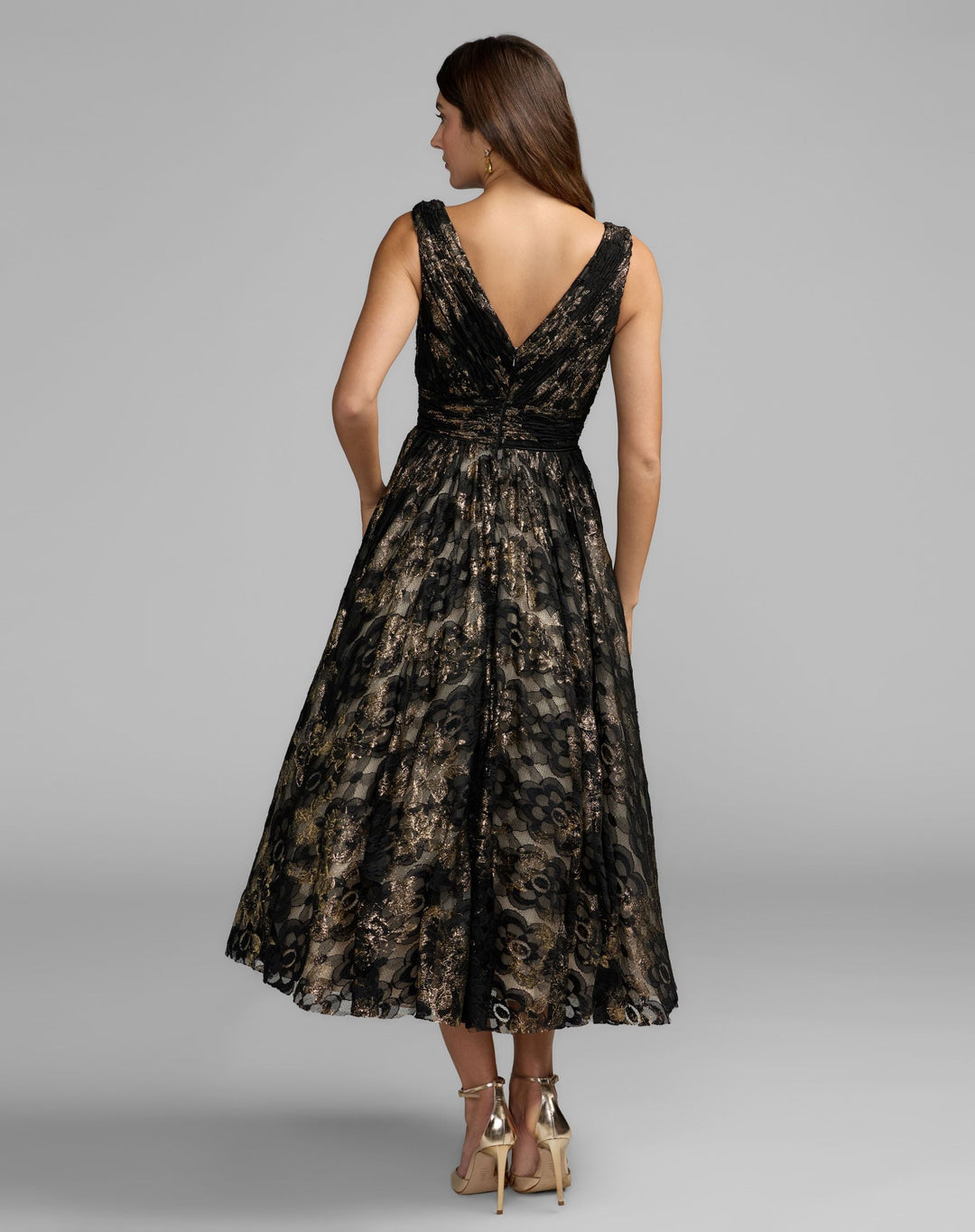 Mac Duggal 50186 Metallic Lace Sleeveless V-Neck Midi Dress