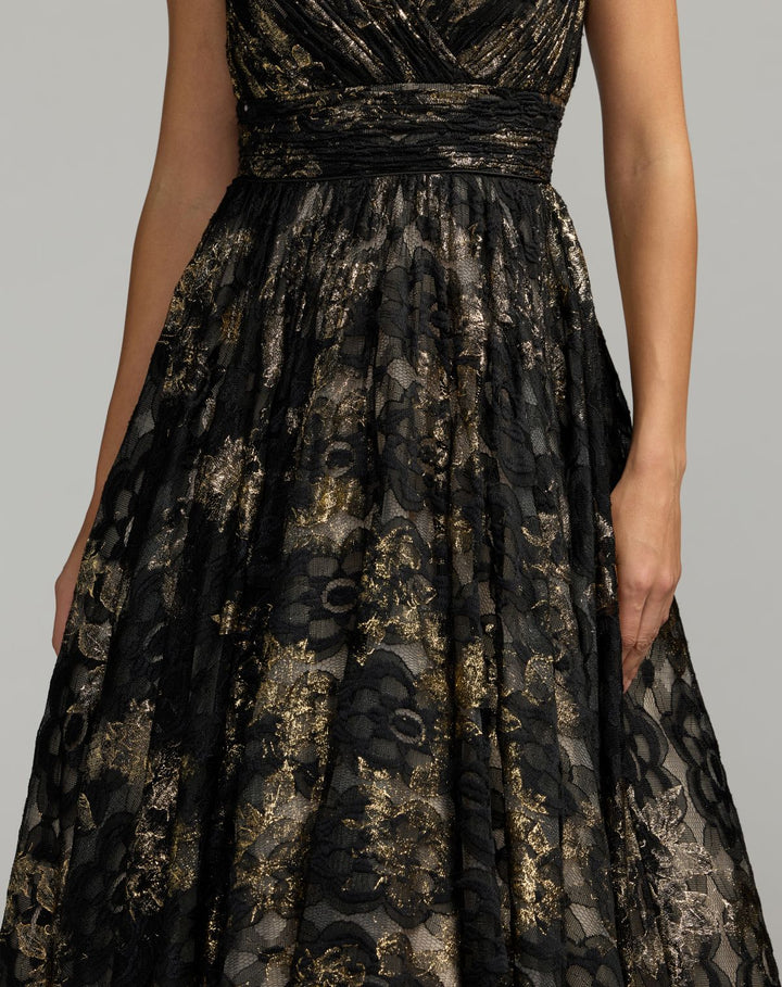 Mac Duggal 50186 Metallic Lace Sleeveless V-Neck Midi Dress