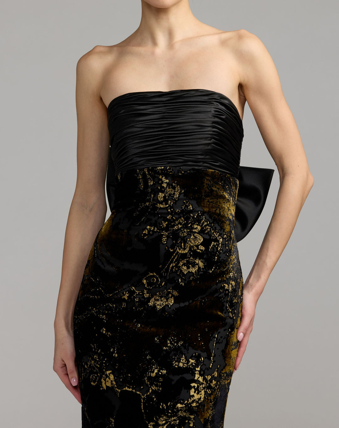 Mac Duggal 50218 Satin And Velvet Strapless Gown With Bow