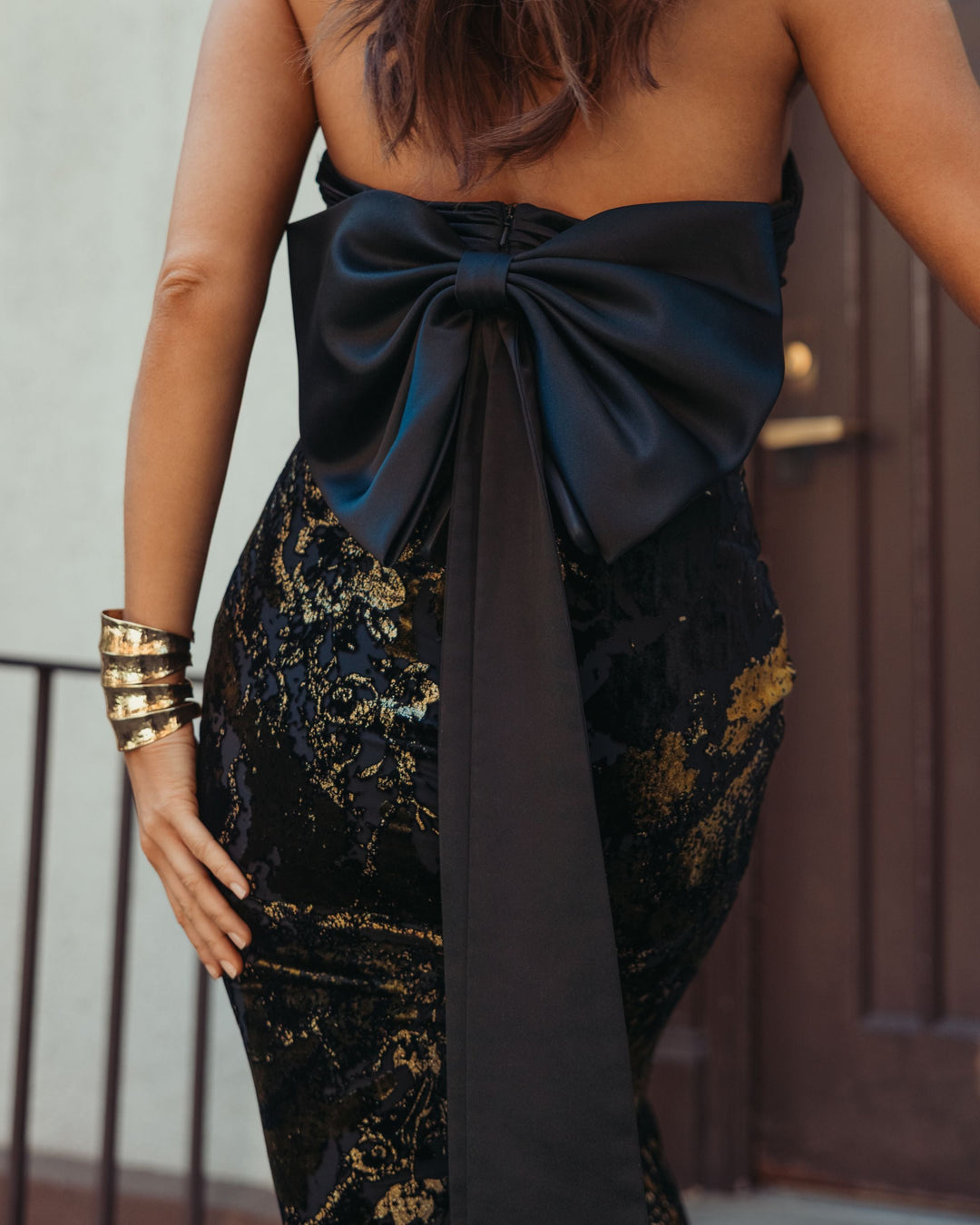 Mac Duggal 50218 Satin And Velvet Strapless Gown With Bow