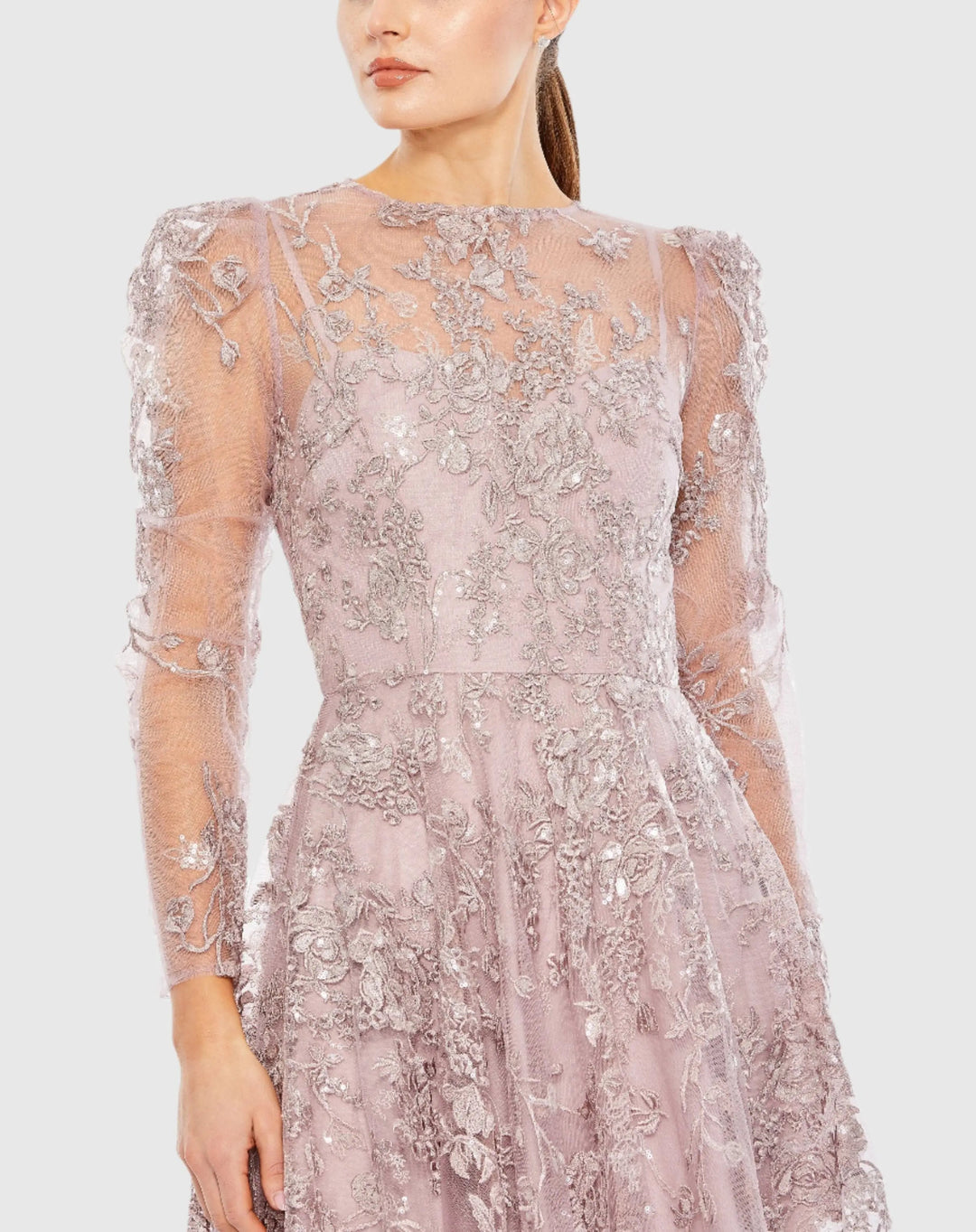 Mac Duggal 50664 Embroidered Illusion High Neck A Line Dress