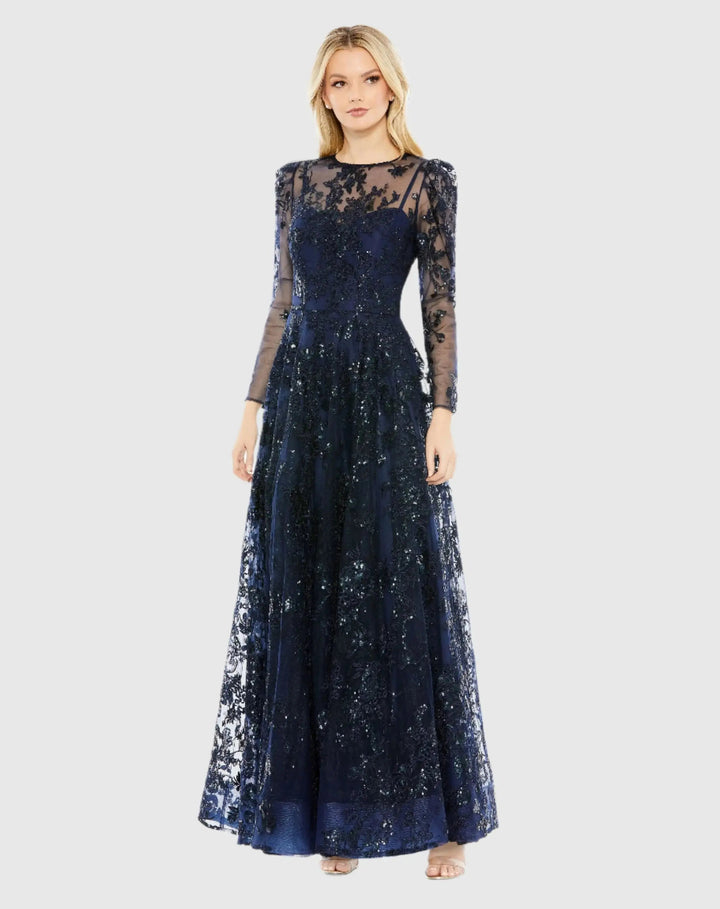 Mac Duggal 50664 Embroidered Illusion High Neck A Line Dress