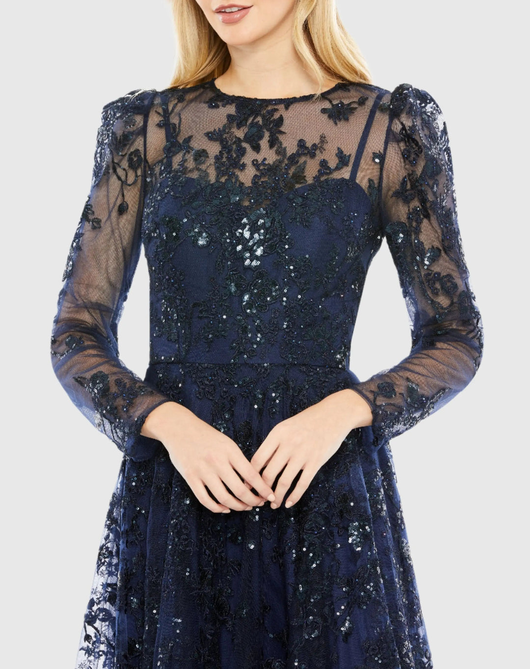 Mac Duggal 50664 Embroidered Illusion High Neck A Line Dress