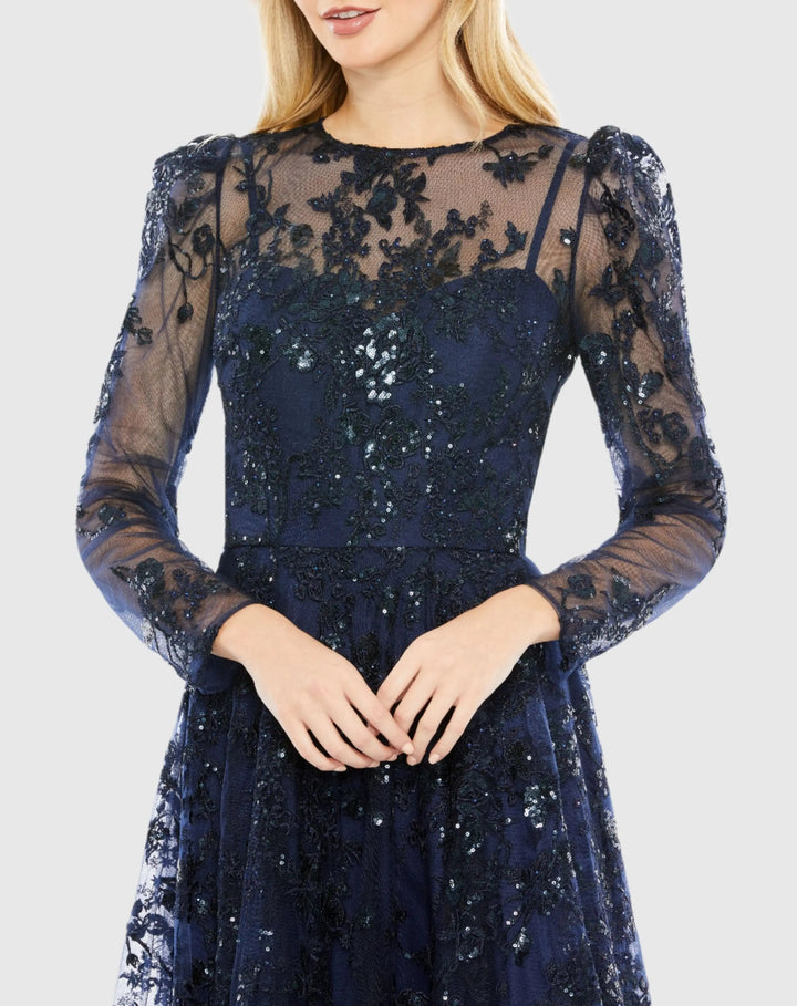 Mac Duggal 50664 Embroidered Illusion High Neck A Line Dress