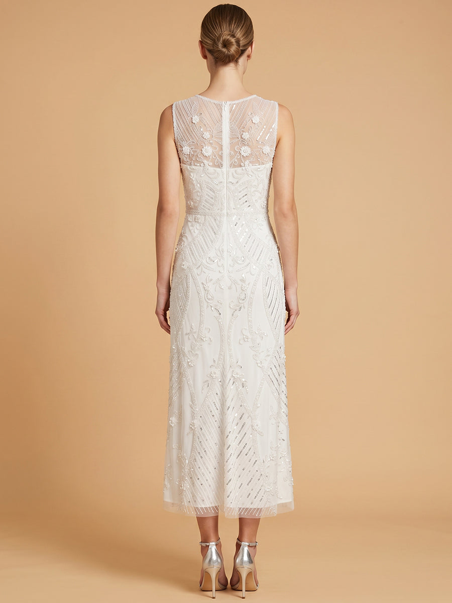 Lara 51230 Beaded A-Line Midi Dress with Illusion Neckline