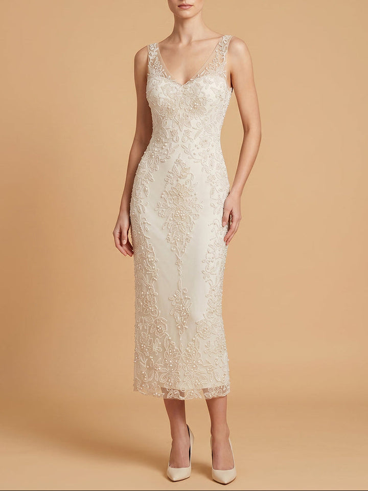 Lara 51237 Beaded V-Neck Midi Dress