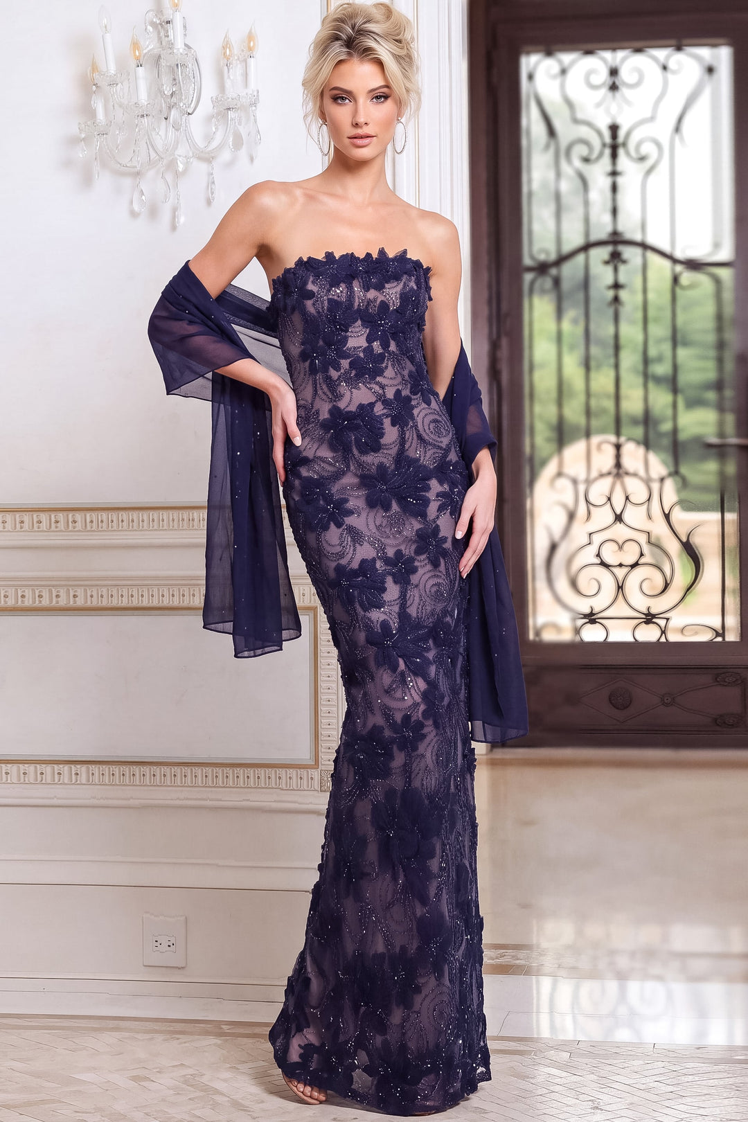 Jovani 52018 Navy Strapless Floral Beaded Column Evening Gown - FOSTANI.com
