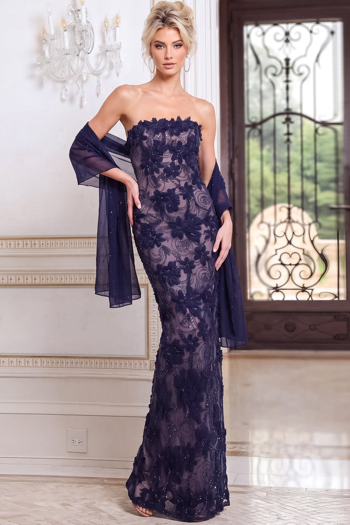 Jovani 52018 Navy Strapless Floral Beaded Column Evening Gown - FOSTANI.com